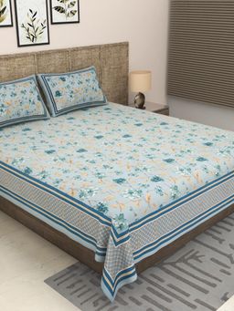 JAIPUR FABRIC - 300 Tc Pure Cotton Sea Green Floral Bedsheet with 2 Pillow Cover (King)