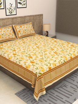 JAIPUR FABRIC - 300 Tc Pure Cotton Yellow Floral Bedsheet with 2 Pillow Cover (King)