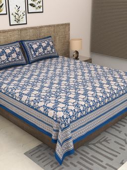 JAIPUR FABRIC - 300 Tc Pure Cotton Navy Blue Floral Bedsheet with 2 Pillow Cover (King)