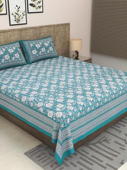 JAIPUR FABRIC - 300 Tc Pure Cotton Sea Green Floral Bedsheet with 2 Pillow Cover (King)