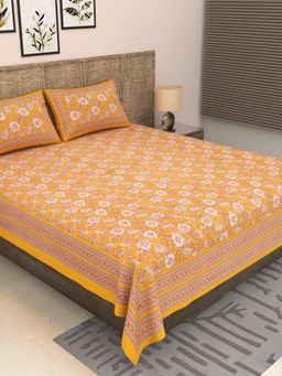 JAIPUR FABRIC - 300 Tc Pure Cotton Yellow Floral Bedsheet with 2 Pillow Cover (King)