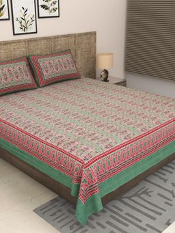 JAIPUR FABRIC - 300 Tc Pure Cotton Green Floral Bedsheet with 2 Pillow Cover (King)