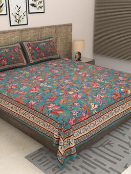 JAIPUR FABRIC - 300 Tc Pure Cotton Teal Floral Bedsheet with 2 Pillow Cover (King)