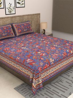 JAIPUR FABRIC - 300 Tc Pure Cotton Blue Floral Bedsheet with 2 Pillow Cover (King)