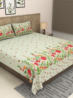 JAIPUR FABRIC - 300 Tc Pure Cotton Green Floral Bedsheet with 2 Pillow Cover (King)