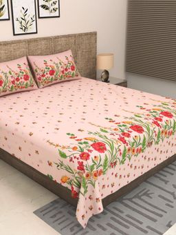 JAIPUR FABRIC - 300 Tc Pure Cotton Pink Floral Bedsheet with 2 Pillow Cover (King)