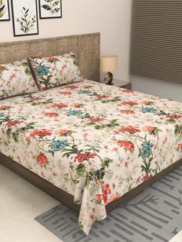JAIPUR FABRIC - 300 Tc Pure Cotton Off White Floral Bedsheet with 2 Pillow Cover (King)