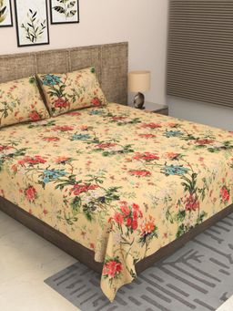 JAIPUR FABRIC - 300 Tc Pure Cotton Yellow Floral Bedsheet with 2 Pillow Cover (King)