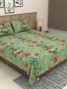 JAIPUR FABRIC - 300 Tc Pure Cotton Green Floral Bedsheet with 2 Pillow Cover (King)
