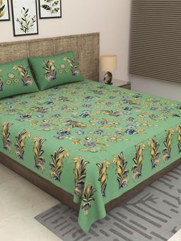JAIPUR FABRIC - 300 Tc Pure Cotton Green Floral Bedsheet with 2 Pillow Cover (King)