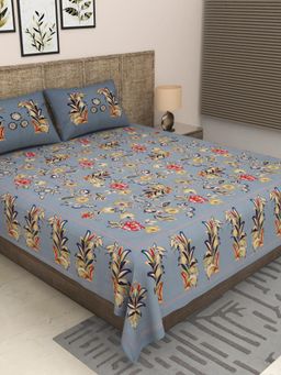 JAIPUR FABRIC - 300 Tc Pure Cotton Grey Floral Bedsheet with 2 Pillow Cover (King)