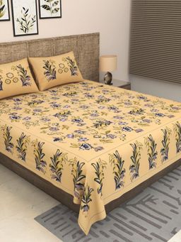 JAIPUR FABRIC - 300 Tc Pure Cotton Beige Floral Bedsheet with 2 Pillow Cover (King)