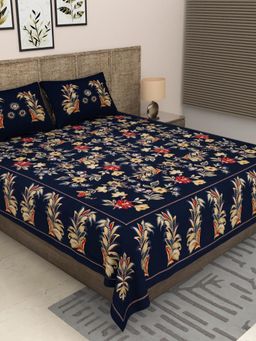 JAIPUR FABRIC - 300 Tc Pure Cotton Navy Blue Floral Bedsheet with 2 Pillow Cover (King)