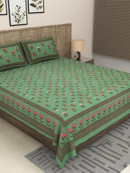 JAIPUR FABRIC - 300 Tc Pure Cotton Green Floral Bedsheet with 2 Pillow Cover (King)
