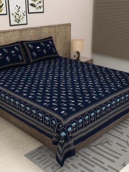 JAIPUR FABRIC - 300 Tc Pure Cotton Navy Floral Bedsheet with 2 Pillow Cover (King)