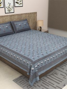 JAIPUR FABRIC - 300 Tc Pure Cotton Grey Floral King Bedsheet with 2 Pillow Cover (King)