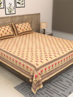 JAIPUR FABRIC - 300 Tc Pure Cotton Beige Floral King Bedsheet with 2 Pillow Cover (King)