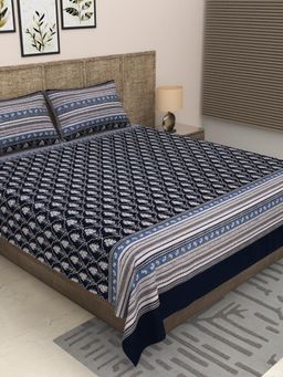 JAIPUR FABRIC - 300 Tc Pure Cotton Navy Blue Floral Bedsheet with 2 Pillow Cover (King)