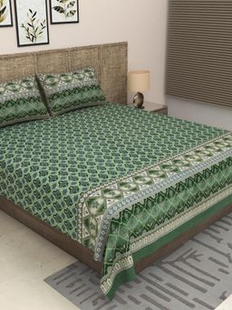 JAIPUR FABRIC - 300 Tc Pure Cotton Green Floral Bedsheet with 2 Pillow Cover (King)