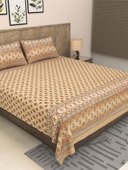 JAIPUR FABRIC - 300 Tc Pure Cotton Beige Floral Bedsheet with 2 Pillow Cover (King)