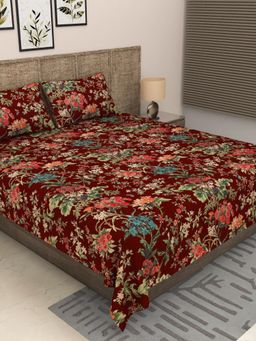 JAIPUR FABRIC - 300 Tc Pure Cotton Maroon Floral Bedsheet with 2 Pillow Cover (King)
