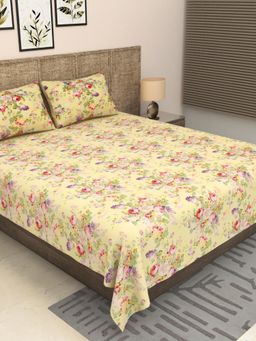 JAIPUR FABRIC - 300 Tc Pure Cotton Yellow Floral Bedsheet with 2 Pillow Cover (King)