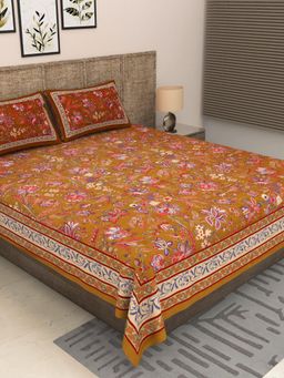 JAIPUR FABRIC - 300 Tc Pure Cotton Brown Floral Bedsheet with 2 Pillow Cover (King)