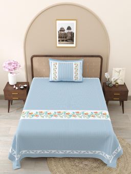 JAIPUR FABRIC - Blue Floral Pure Cotton Bedsheet with 1 Pillow Cover (Single)