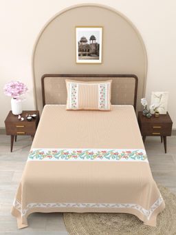 JAIPUR FABRIC - Peach Floral Pure Cotton Bedsheet with 1 Pillow Cover (Single)