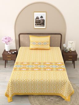JAIPUR FABRIC - Yellow Ethnic Motifs Pure Cotton Bedsheet with 1 Pillow Cover (Single)