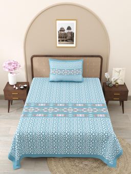 JAIPUR FABRIC - Blue Ethnic Motifs Pure Cotton Bedsheet with 1 Pillow Cover (Single)