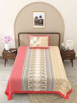 JAIPUR FABRIC - Coral-Beige Ethnic Motifs Pure Cotton Bedsheet with 1 Pillow Cover (Single)
