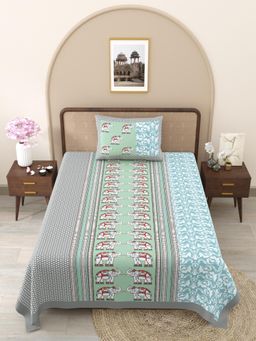 JAIPUR FABRIC - Grey-Blue Ethnic Motifs Pure Cotton Bedsheet with 1 Pillow Cover (Single)
