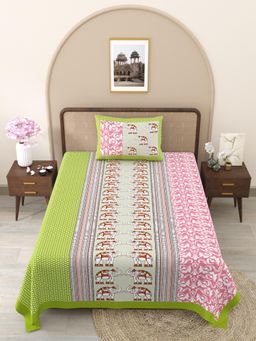 JAIPUR FABRIC - Green-Pink Ethnic Motifs Pure Cotton Bedsheet with 1 Pillow Cover (Single)