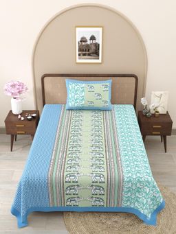 JAIPUR FABRIC - Blue-Sea Green Ethnic Motifs Pure Cotton Bedsheet with 1 Pillow Cover (Single)