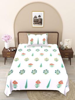 JAIPUR FABRIC - White Floral Pure Cotton Bedsheet with 1 Pillow Cover (Single)