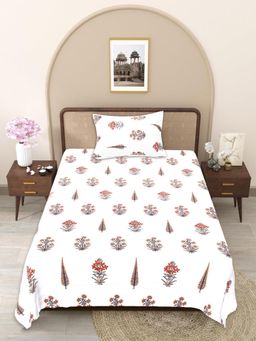 JAIPUR FABRIC - White Floral Pure Cotton Bedsheet with 1 Pillow Cover (Single)