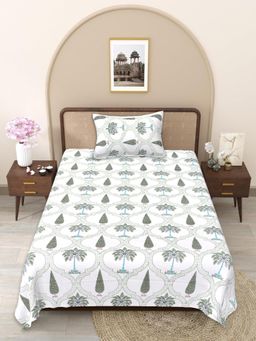 JAIPUR FABRIC - Green-White Pure Cotton Flat Single Bedsheet with 1 Pillow Cover (Single)