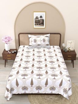 JAIPUR FABRIC - Beige-White Pure Cotton Flat Single Bedsheet with 1 Pillow Cover (Single)
