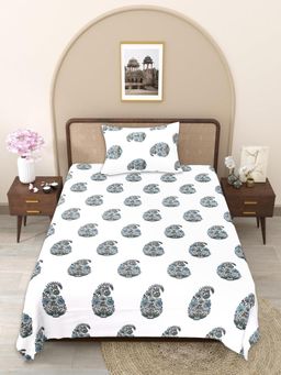 JAIPUR FABRIC - Sea Green-White Floral Pure Cotton Bedsheet with 1 Pillow Cover (Single)