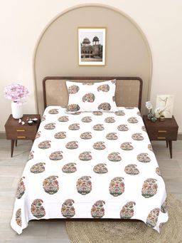JAIPUR FABRIC - Yellow-White Floral Pure Cotton Bedsheet with 1 Pillow Cover (Single)