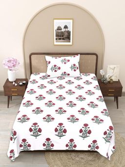 JAIPUR FABRIC - Red-White Floral Pure Cotton Bedsheet with 1 Pillow Cover (Single)