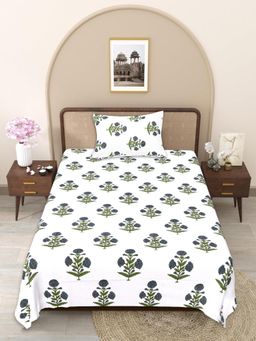 JAIPUR FABRIC - Blue-White Floral Pure Cotton Bedsheet with 1 Pillow Cover (Single)