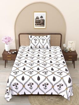 JAIPUR FABRIC - Grey-White Floral Handblocked Pure Cotton Bedsheet with 1 Pillow Cover (Single)