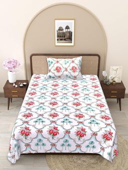 JAIPUR FABRIC - Red-White Floral Handblocked Pure Cotton Bedsheet with 1 Pillow Cover (Single)