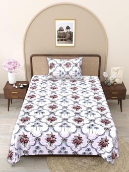 JAIPUR FABRIC - Pink-White Floral Handblocked Pure Cotton Bedsheet with 1 Pillow Cover (Single)