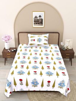JAIPUR FABRIC - Yellow-White Floral Handblocked Pure Cotton Bedsheet with 1 Pillow Cover (Single)