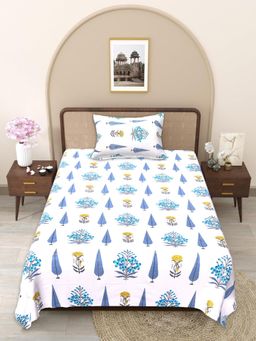 JAIPUR FABRIC - Blue-White Floral Handblocked Pure Cotton Bedsheet with 1 Pillow Cover (Single)