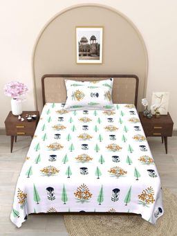 JAIPUR FABRIC - Green-White Handblocked Pure Cotton Bedsheet with 1 Pillow Cover (Single)