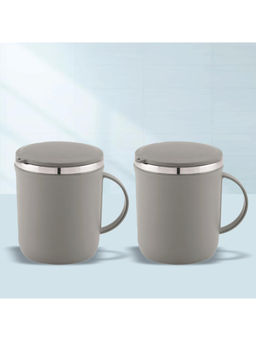 MAGNUS - Grey Stainless Steel Coffee With Lid and Handle Coffee Mug (600 ml, Pack of 2)